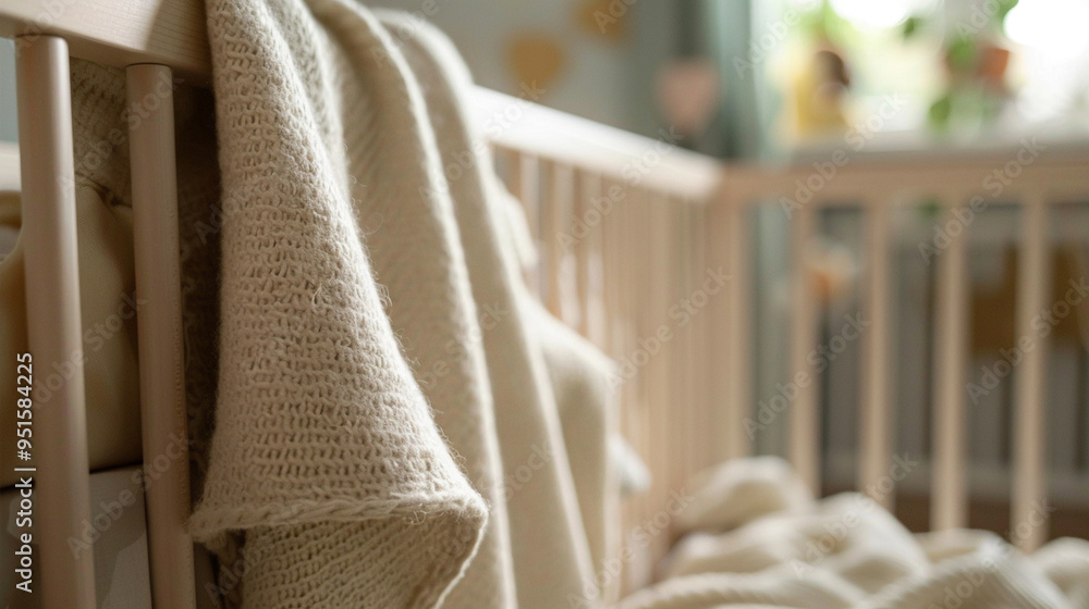 Close-up of a crib with a soft blanket draped over the side, focusing on the fabric and how it folds. Close-up of a crib with a soft blanket draped over the side, focusing on the fabric and how it folds.