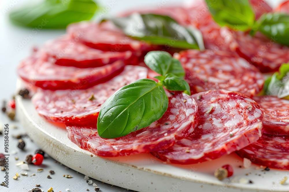 A white plate topped with slices of salamii A white plate topped with slices of salamii