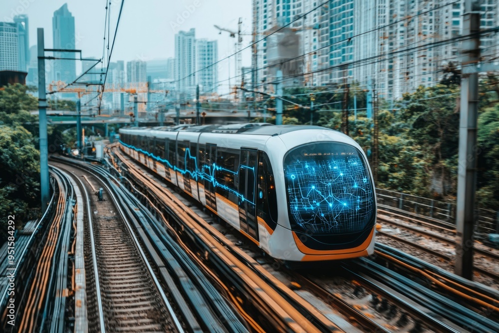 Fototapeta premium Modern Train with Digital Map Display Traveling Through Cityscape