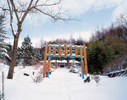 Hadong-gun, Gyeongsangnam-do, South Korea - February 1, 2002: Winter view of snow covered gate of a Seodang(village school) at Cheonghakdong Village photo