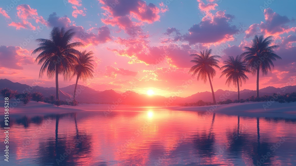 Serene sunset over a tranquil beach with palm trees and mountains. Serene sunset over a tranquil beach with palm trees and mountains.