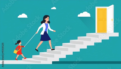 Vector concept showcasing business opportunity, career success. Woman strides confidently upward, child accompanying her, symbolizing ambition, progress, growth, and future potential