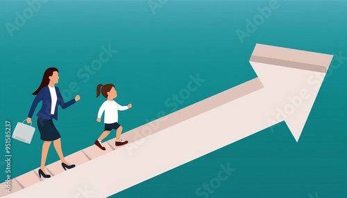 Vector concept showcasing business opportunity, career success. Woman strides confidently upward, child accompanying her, symbolizing ambition, progress, growth, and future potential