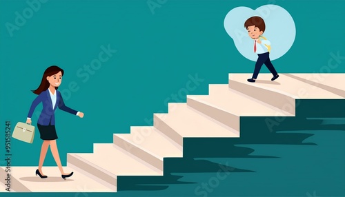 Vector concept showcasing business opportunity, career success. Woman strides confidently upward, child accompanying her, symbolizing ambition, progress, growth, and future potential