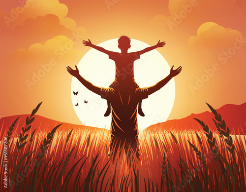 Father Carrying Child at Sunset in Nature