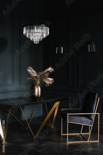 Stylish modern living room in black with table and chair
