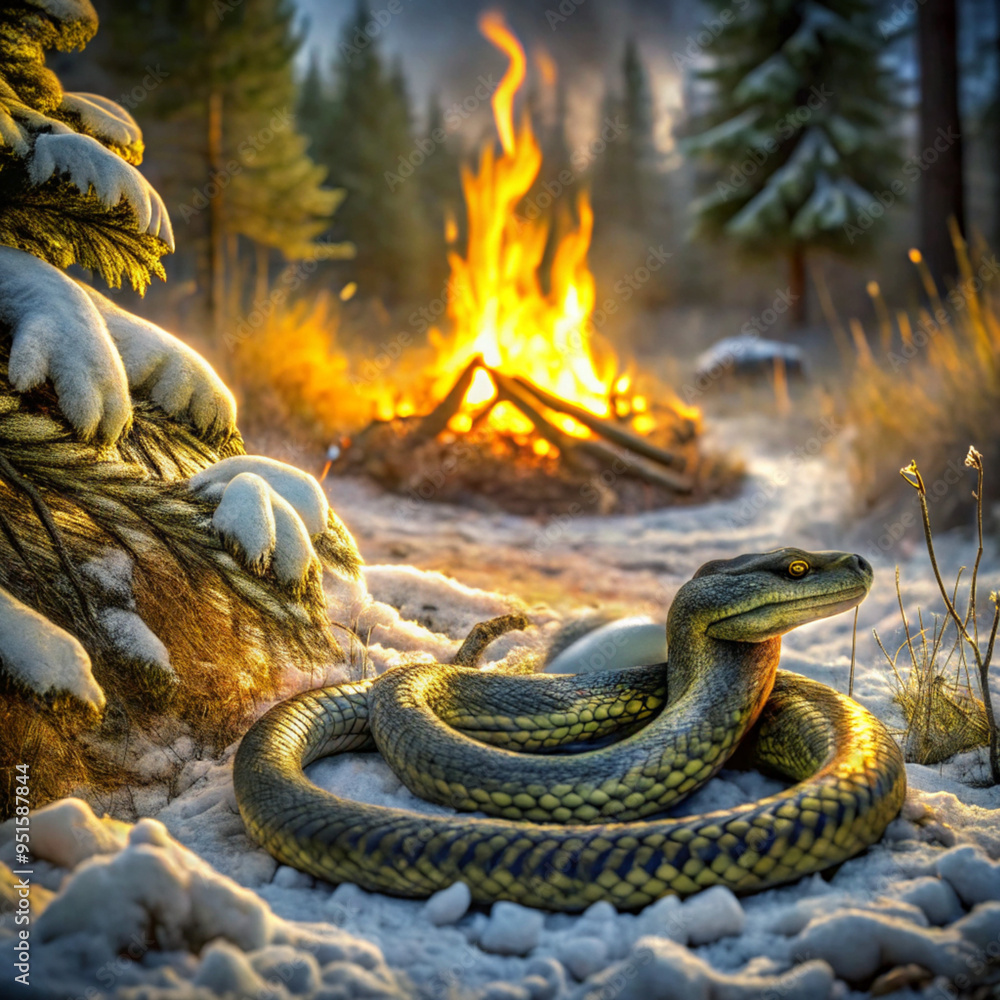 Fototapeta premium Coiled green snake in winter landscape near glowing campfire 