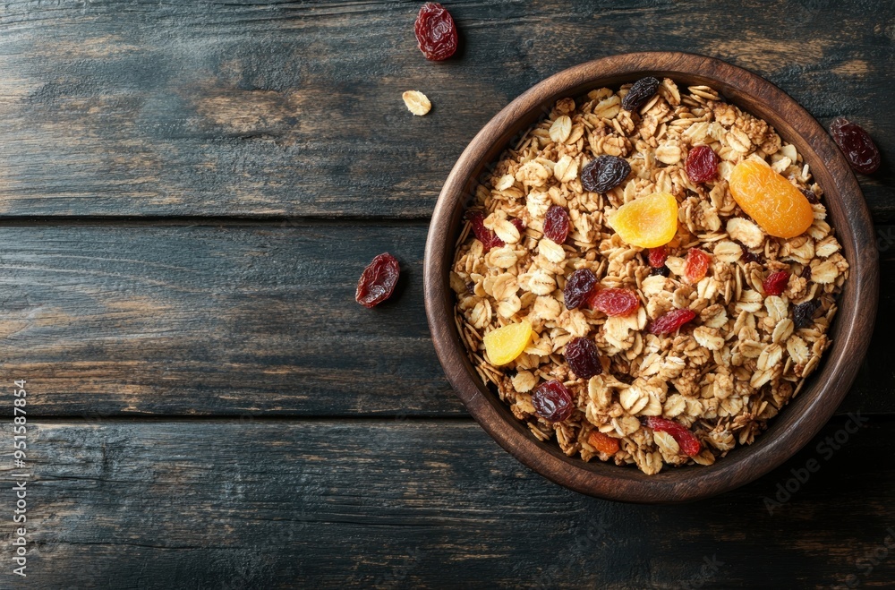 Healthy and Delicious Granola with Dried Fruits in a Wooden Bowl Healthy and Delicious Granola with Dried Fruits in a Wooden Bowl