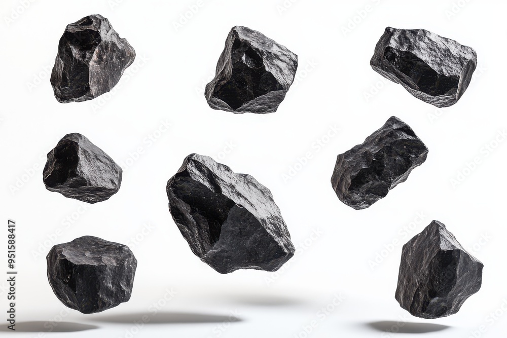 Naklejka premium A group of dark, rugged rocks floating in mid-air against a white background