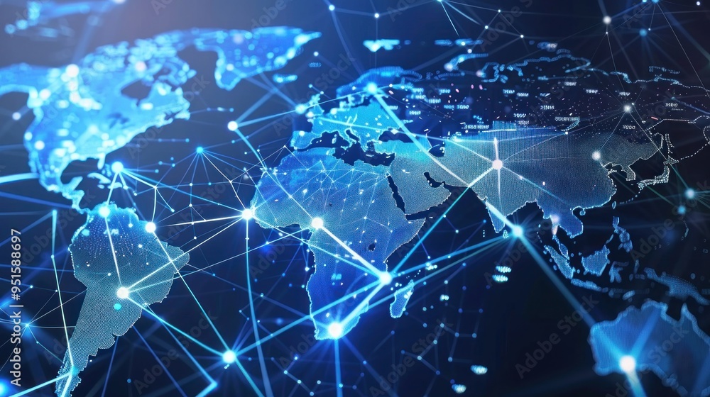 Abstract World Map Depicting Global Network and Connectivity in a Digital Blue Theme Abstract World Map Depicting Global Network and Connectivity in a Digital Blue Theme