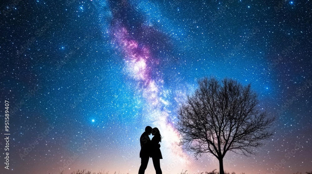 Couple under starry sky, silhouetted against a backdrop of countless stars, night sky embracing a tender embrace Couple under starry sky, silhouetted against a backdrop of countless stars, night sky embracing a tender embrace