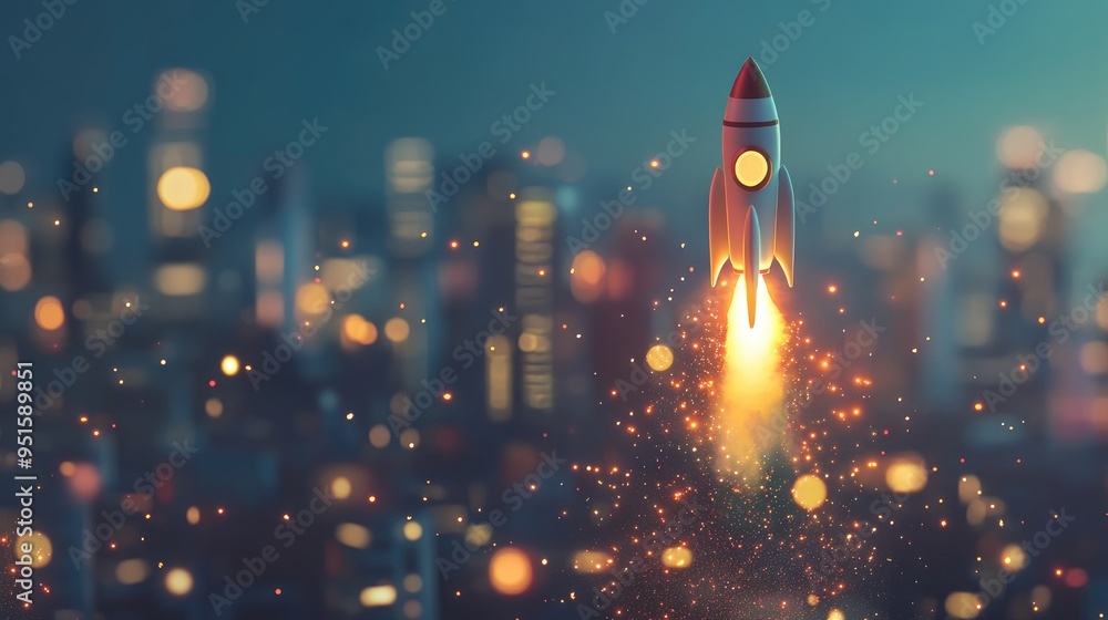 Obraz premium A rocket ship taking off into the night sky with a trail of fire and sparks over an out of focus city lights background.