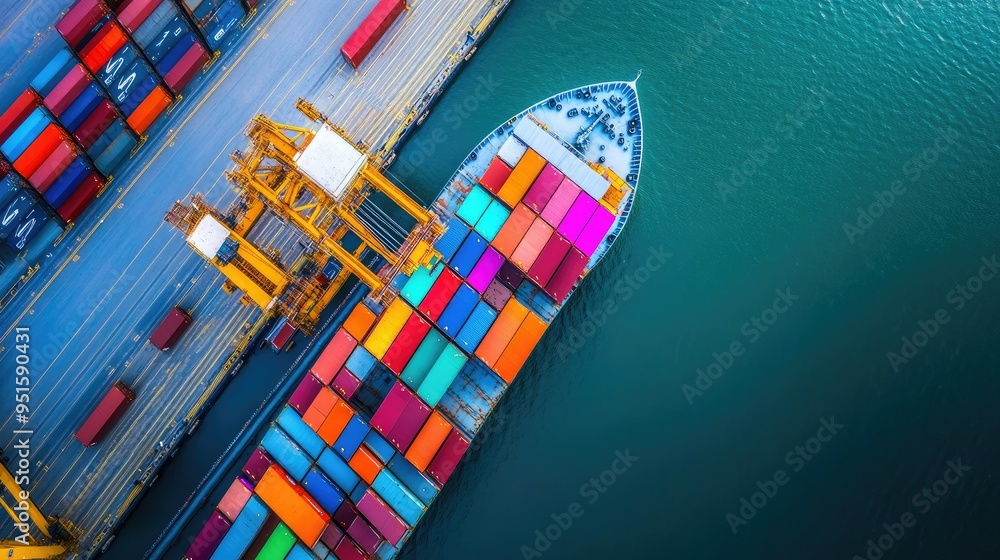 Container ship carrying container boxes import export dock with quay ...