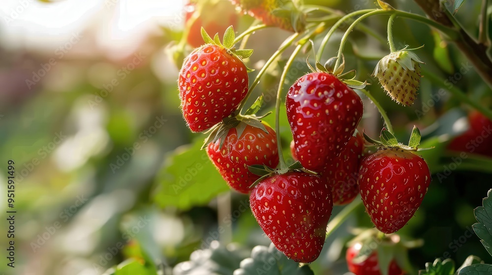 Bush with a bunch of ripe red strawberries Bush with a bunch of ripe red strawberries