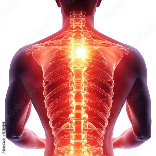 Anatomical illustration of a human spine, showcasing the vertebrae and highlighting the central nervous system and muscle structure. photo