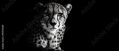 Black and white photo of a wild cheetah crouching on a solid black background intense focus detailed fur realistic shadows photo