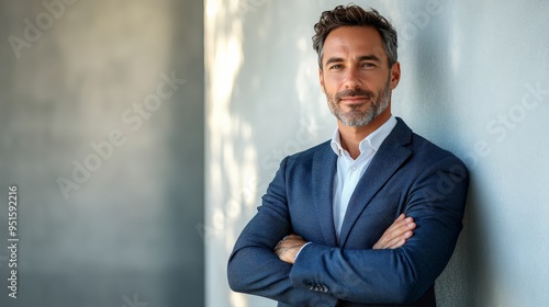 Confident Executive Portrait: A mature businessman with arms crossed exudes professionalism and success in a modern office setting.  photo