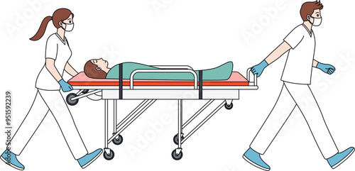 Paramedics is pulling a patient on a stretcher. Labor Day Hand Drawn Clip Art