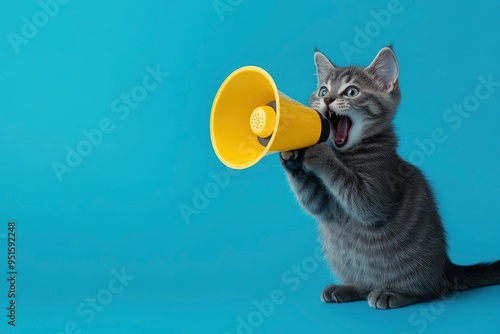 Funny grey cat screams with a yellow loudspeaker on a blue background, creative idea. Fun pet kitten speaks into a megaphone. with generaive ai photo