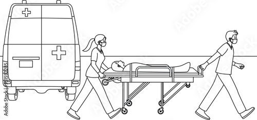 Paramedics is pulling a patient on a stretcher outline coloring page. Labor Day Hand Drawn Clip Art