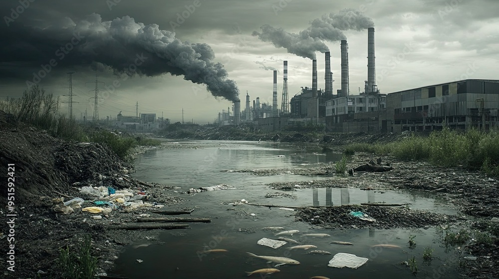 Industrial waste toxic sludge oozes from factory pipes poisoning riverbed lifeless fish float in polluted waters chemical fumes rise into darkening skies human impact on environment Industrial waste toxic sludge oozes from factory pipes poisoning riverbed lifeless fish float in polluted waters chemical fumes rise into darkening skies human impact on environment