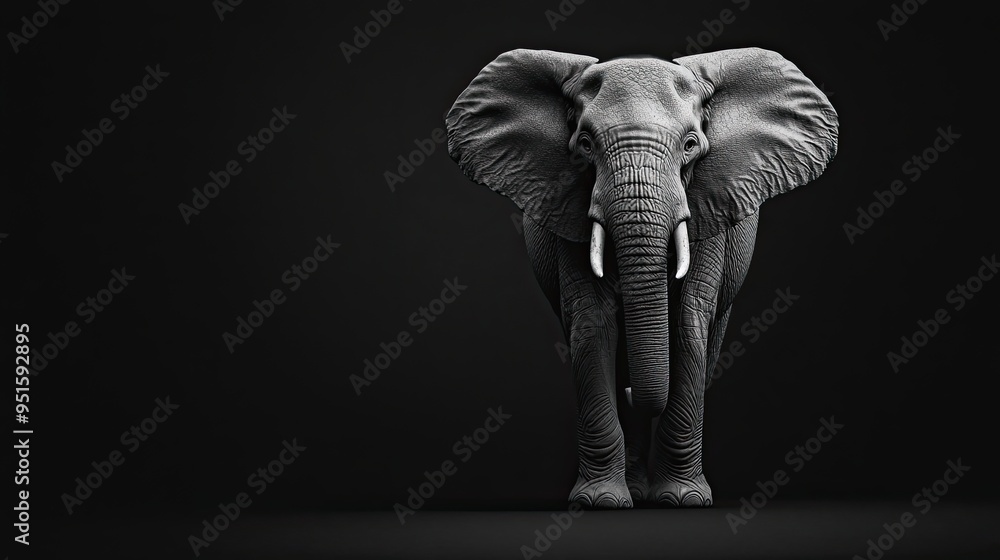 Black and white image of a solitary elephant standing tall on solid black background deep shadows textured skin realistic details Black and white image of a solitary elephant standing tall on solid black background deep shadows textured skin realistic details