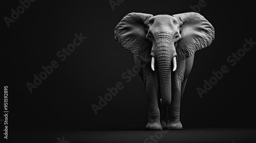 Black and white image of a solitary elephant standing tall on solid black background deep shadows textured skin realistic details