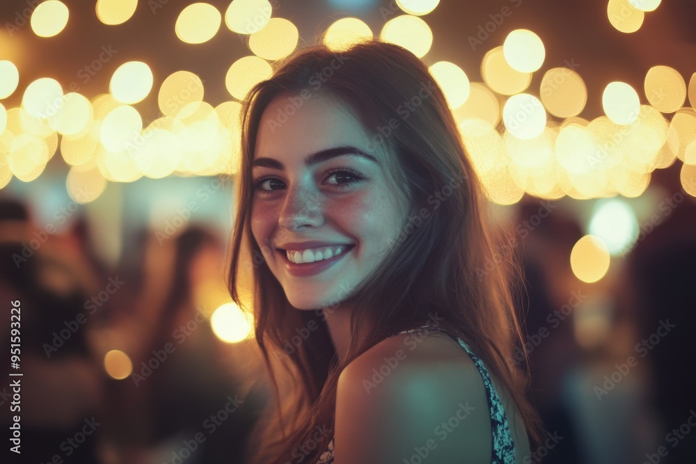 A beautifully lit portrait of a young woman at a festive event A beautifully lit portrait of a young woman at a festive event