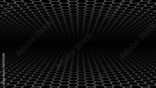 Black hexagons background, dynamic dark gray 3D perspective hexagonal pattern background with copy space.