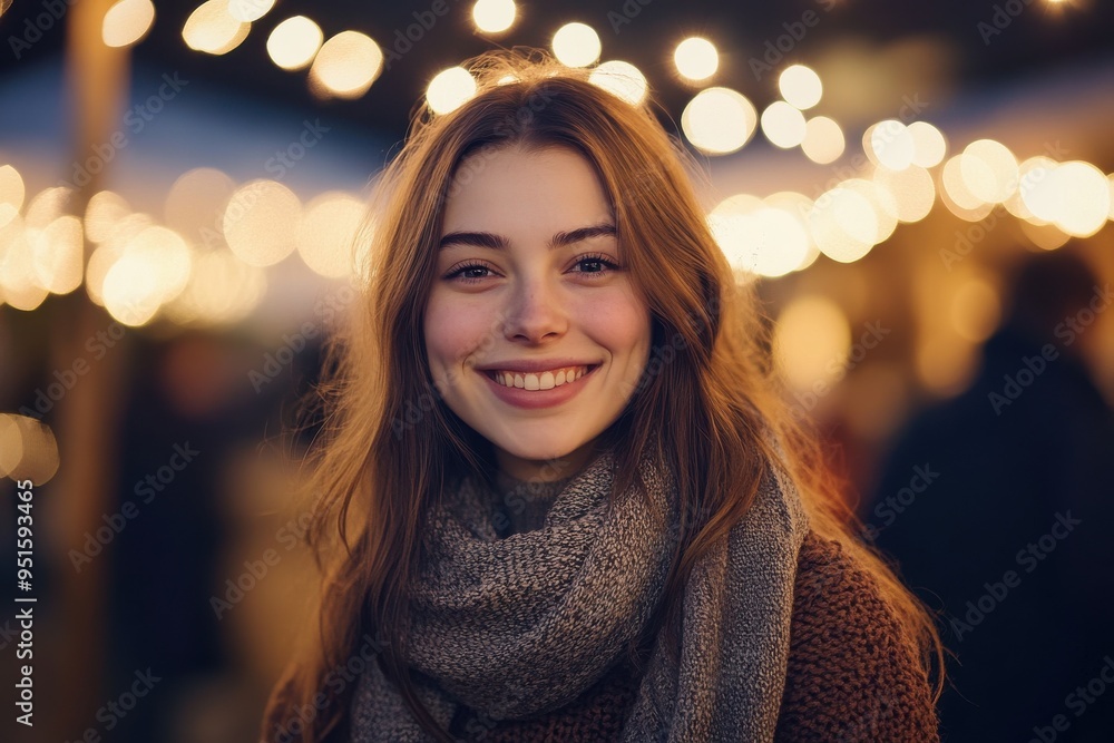 A beautifully lit portrait of a young woman at a festive event A beautifully lit portrait of a young woman at a festive event