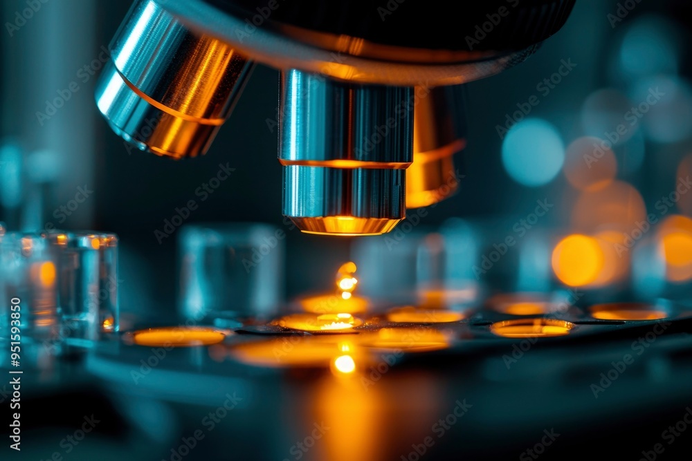 Close-Up of a Microscope Lens Focused on a Sample with Glowing Illumination Close-Up of a Microscope Lens Focused on a Sample with Glowing Illumination