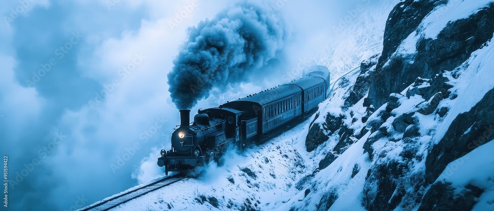 Obraz premium Vintage Steam Train Traveling Through Snowy Mountain Landscape with Dramatic Smoke and Winter Scenery