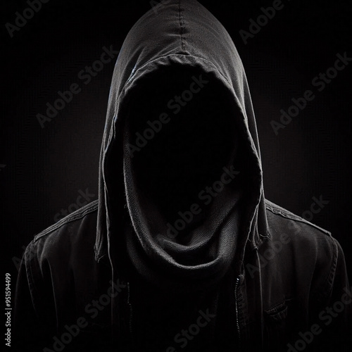 faceless man in a black denim hood