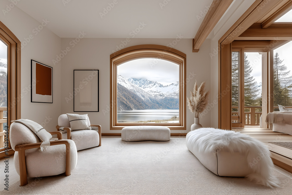 Fototapeta premium High-Quality Photo of a Super Luxe Modern Contemporary House Interior with Children's Playroom Overlooking a Lake