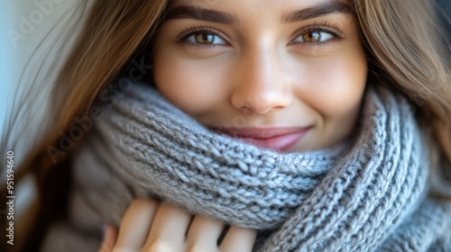 Close-Up Portrait of Young Woman Smiling in Warm Knit Scarf, Radiant Face, Natural Beauty, Winter Fashion Look, Cozy and Comfortable Atmosphere with Soft Light and Positive Vibe