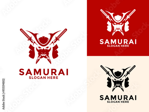 Samurai Head with Katana logo, Japanese Warrior Samurai Knight logo design template