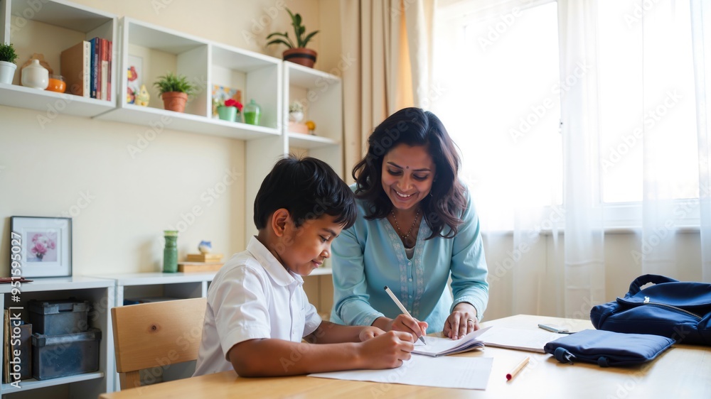 Loving Indian Mother Assists Son with Homework in Cozy Home Setting Loving Indian Mother Assists Son with Homework in Cozy Home Setting