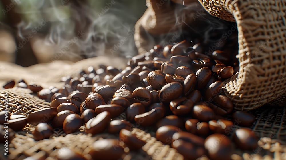 Close-up of coffee beans spilling out from a burlap sack, with smoke rising in the background. Close-up of coffee beans spilling out from a burlap sack, with smoke rising in the background.
