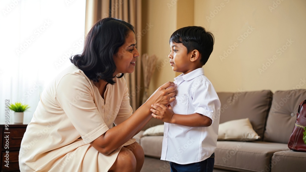 Loving Indian Mom Assisting Son with Uniform in the Morning Before School Loving Indian Mom Assisting Son with Uniform in the Morning Before School