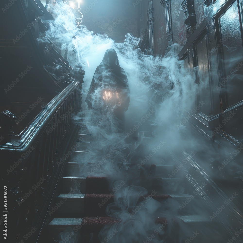 Fototapeta premium A mysterious figure ascends a foggy staircase, illuminating the darkness with a lantern, evoking an eerie atmosphere.