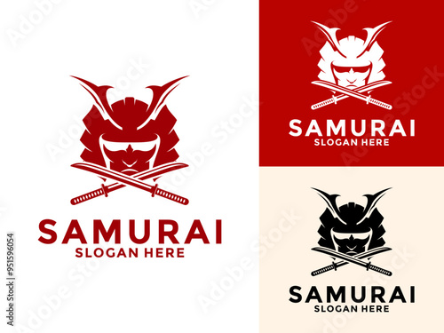 Samurai Head with Katana logo vector, Japanese Warrior Samurai Knight logo design template