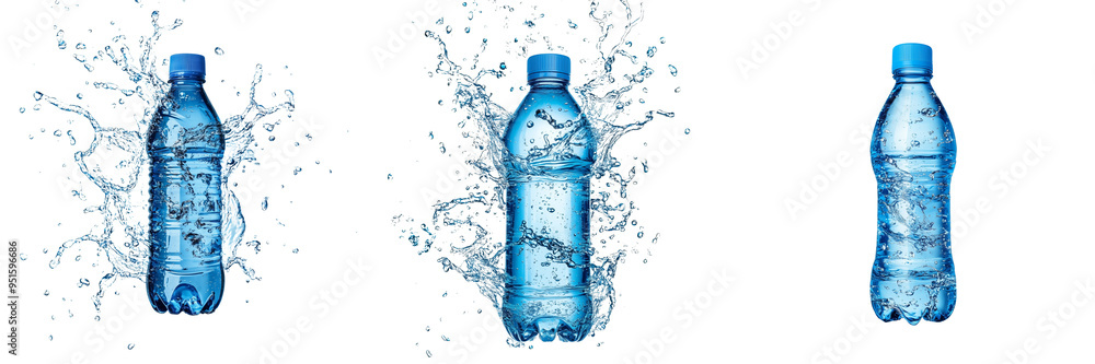 Set of a blue water bottle surrounded by splashes of water,, isolated on a transparent background. Set of a blue water bottle surrounded by splashes of water,, isolated on a transparent background.