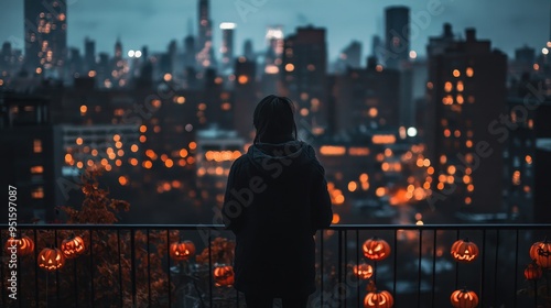 Silhouette of a Person Overlooking a Cityscape at Night with Pumpkins photo