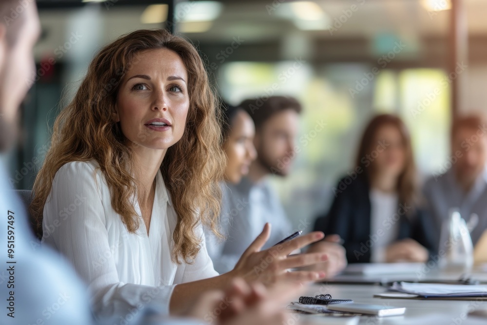 A businesswoman leading a meeting speaking to her colleagues seated around a conference table A businesswoman leading a meeting speaking to her colleagues seated around a conference table