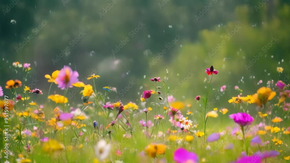 A gentle rain falls over a field of colorful wildflowers, creating a serene and vibrant scene, A gentle rain shower over a field of wildflowers A gentle rain falls over a field of colorful wildflowers, creating a serene and vibrant scene, A gentle rain shower over a field of wildflowers