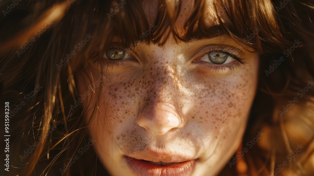 A close-up of a woman's face featuring freckled skin and hair. A close-up of a woman's face featuring freckled skin and hair.
