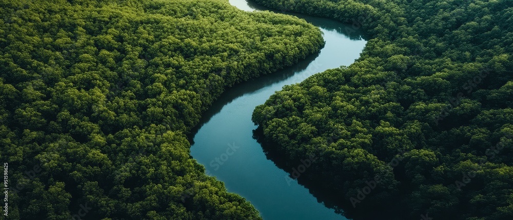 Aerial View of Serene River Winding Through Lush Green Forest in a Tranquil Natural Landscape Aerial View of Serene River Winding Through Lush Green Forest in a Tranquil Natural Landscape