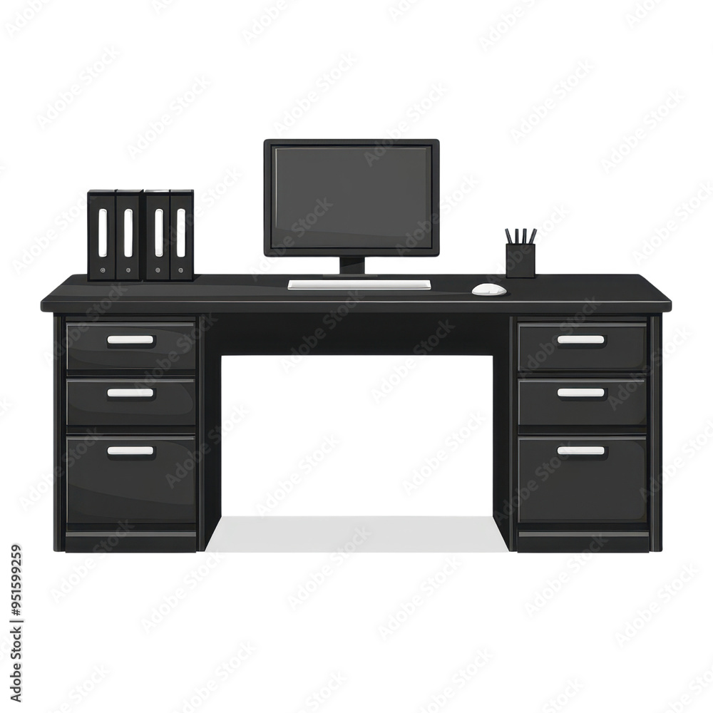 Stylish black desk with computer and storage drawers, perfect for a modern office or workspace design. Stylish black desk with computer and storage drawers, perfect for a modern office or workspace design.
