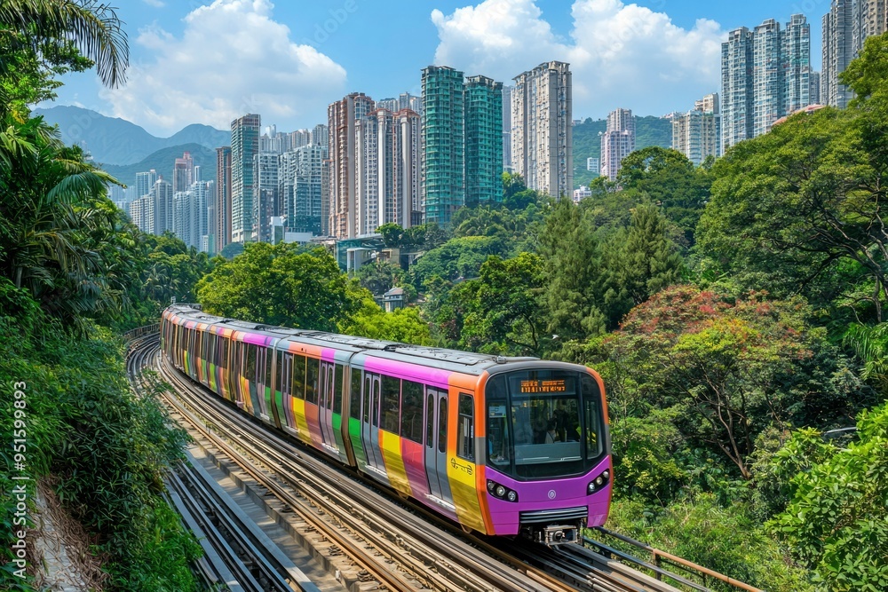 Naklejka premium Colorful Train Traveling Through Lush Green Foliage and City Skyline