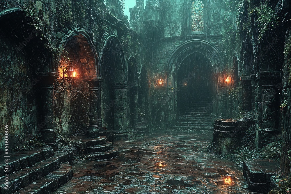 A haunting damp gothic dungeon setting perfect for Halloween-themed events and designs, evokes eerie atmospheres with gothic architecture and moody lighting. A haunting damp gothic dungeon setting perfect for Halloween-themed events and designs, evokes eerie atmospheres with gothic architecture and moody lighting.